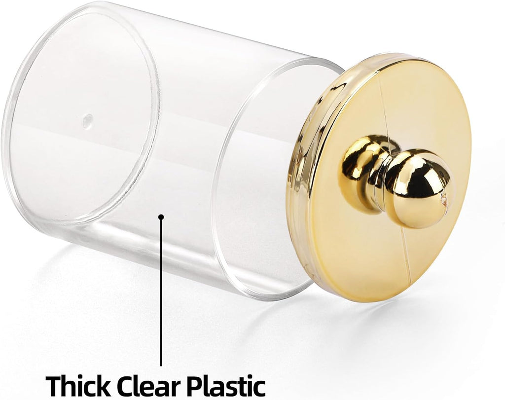 Tbestmax Q-Tips Holder - Elegant Plastic Apothecary Jar with Gold Lid for Cotton Swabs & Pads - 10oz