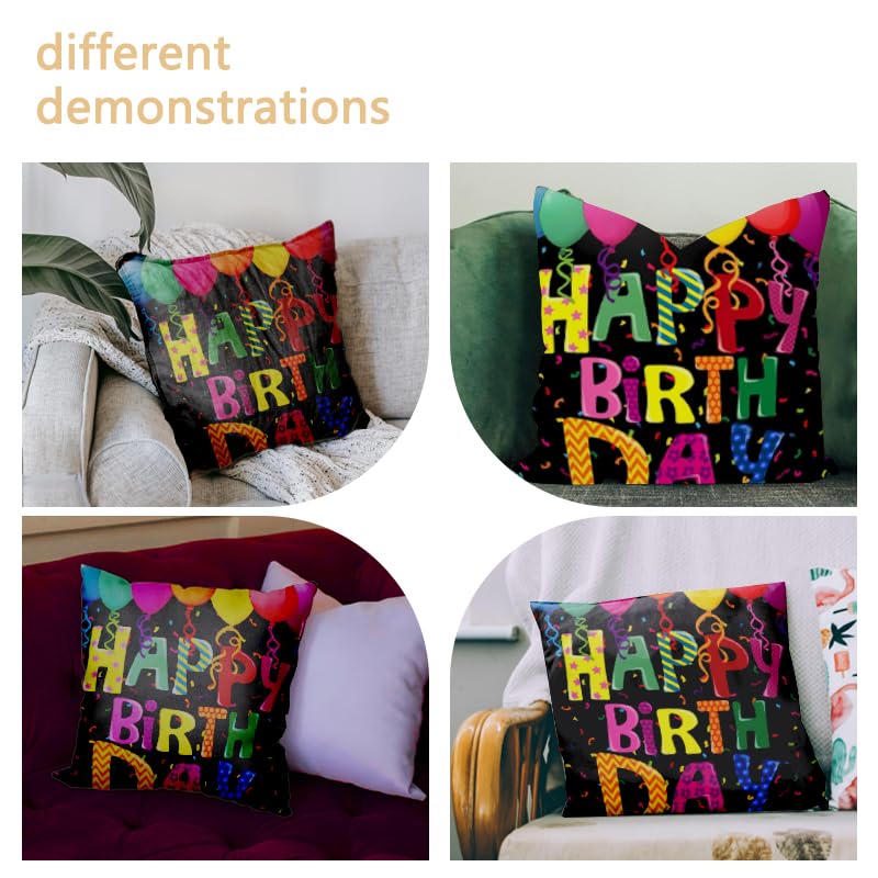 Happy Birthday Throw Pillow Cover 18x18 Inch - Black Balloon Design, Gift for Kids & Teens - Sisadodo