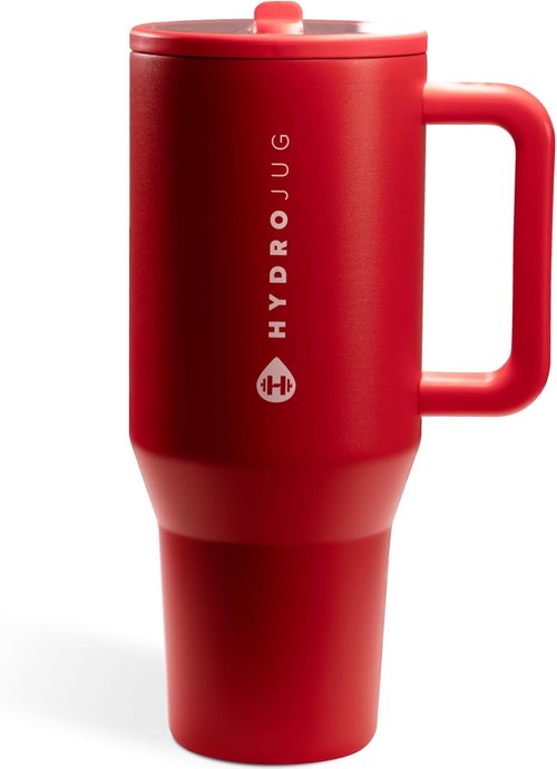 HydroJug Traveler - 40 Oz Insulated Water Bottle with Handle & Flip Straw - Leak Resistant, Fits Cup Holder | Alumni Red