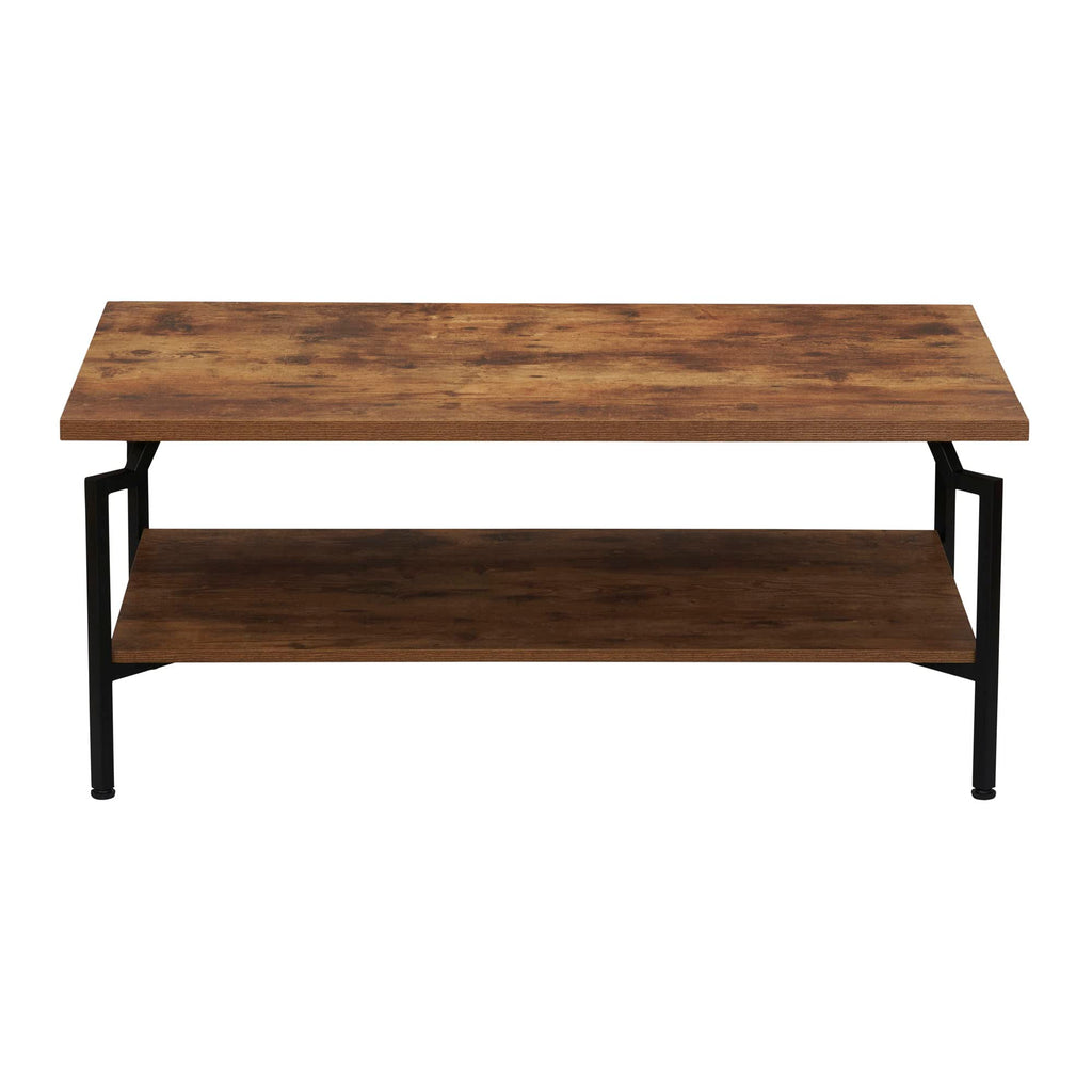 Household Essentials Crown Rectangular Coffee Table with Storage Shelf Rustic Hickory Wood Grain and Black Metal