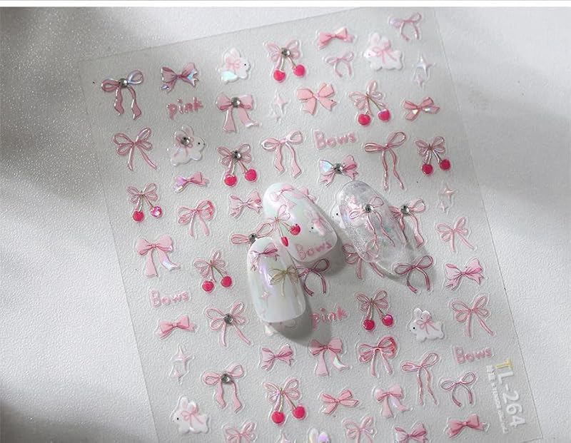 Cherry Nail Stickers 5D Embossed Summer Bow Nail Art Decals