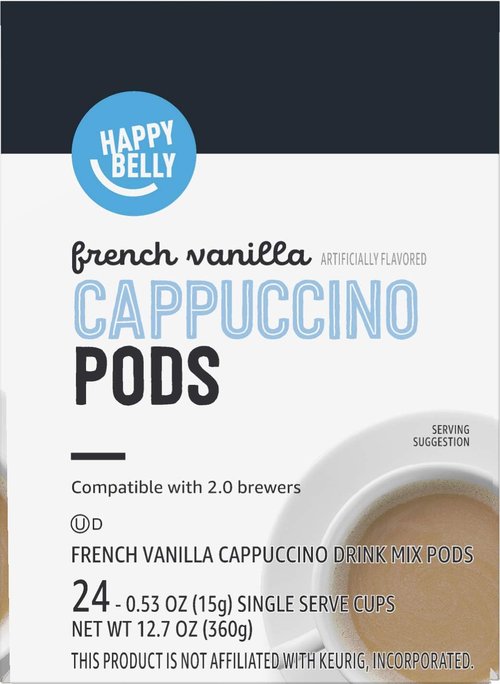 Happy Belly Cappuccino Coffee Pods - Light Roast French Vanilla Flavor | Compatible with 2.0 K-Cup Brewers, 24 Count