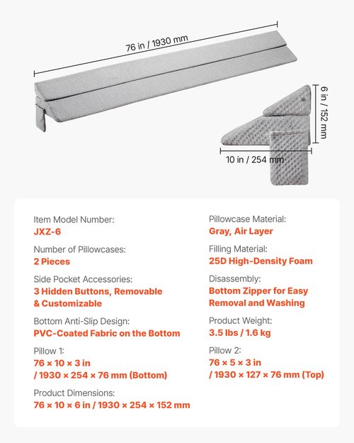 VEVOR Bed Wedge Pillow for Headboard, King Size, 76"x10"x6" Bed Gap Filler, Fill 0-7" Gap Between Headboard and Mattress, 25D Foam Mattress Wedge Headboard Pillow with Side Pocket, for Backrest, Gray