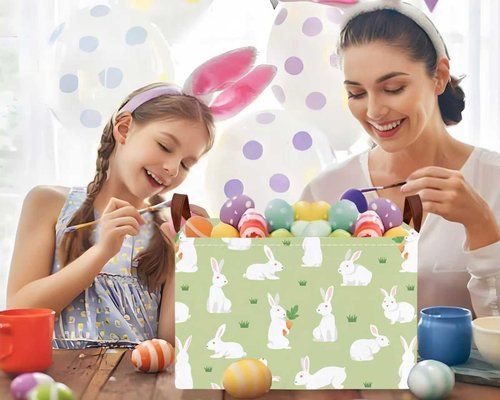 BOOHIT Large Easter Baskets Empty Boy Toy Storage Bin Girls collapsible kid Hamper Baby Waterproof Storage Box Spring Gifts Decor(White Rabbit Holding Carrot)