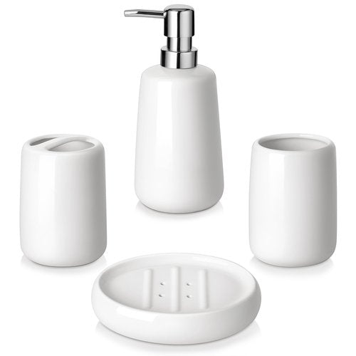 vancasso White Bathroom Accessories Set, Ceramic Soap Dispenser and Toothbrush Holder Sets, Stoneware 4 Pcs Bathroom Sink Set for Modern Home Decor