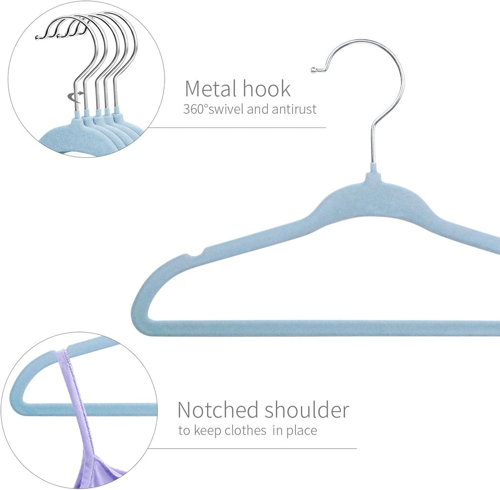 ManGotree Kids Velvet Clothes Hangers - Space-Saving Non-Slip Design | 15-Pack in Blue