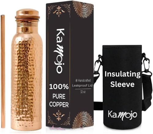 Kamojo Copper Water Bottle for Drinking - Hammered 100% Pure Copper Tumbler Cup with Leak Proof Lid, Removable Insulating Sleeve & Straw - Handcrafted Ayurvedic Cup for Water 32 fl oz