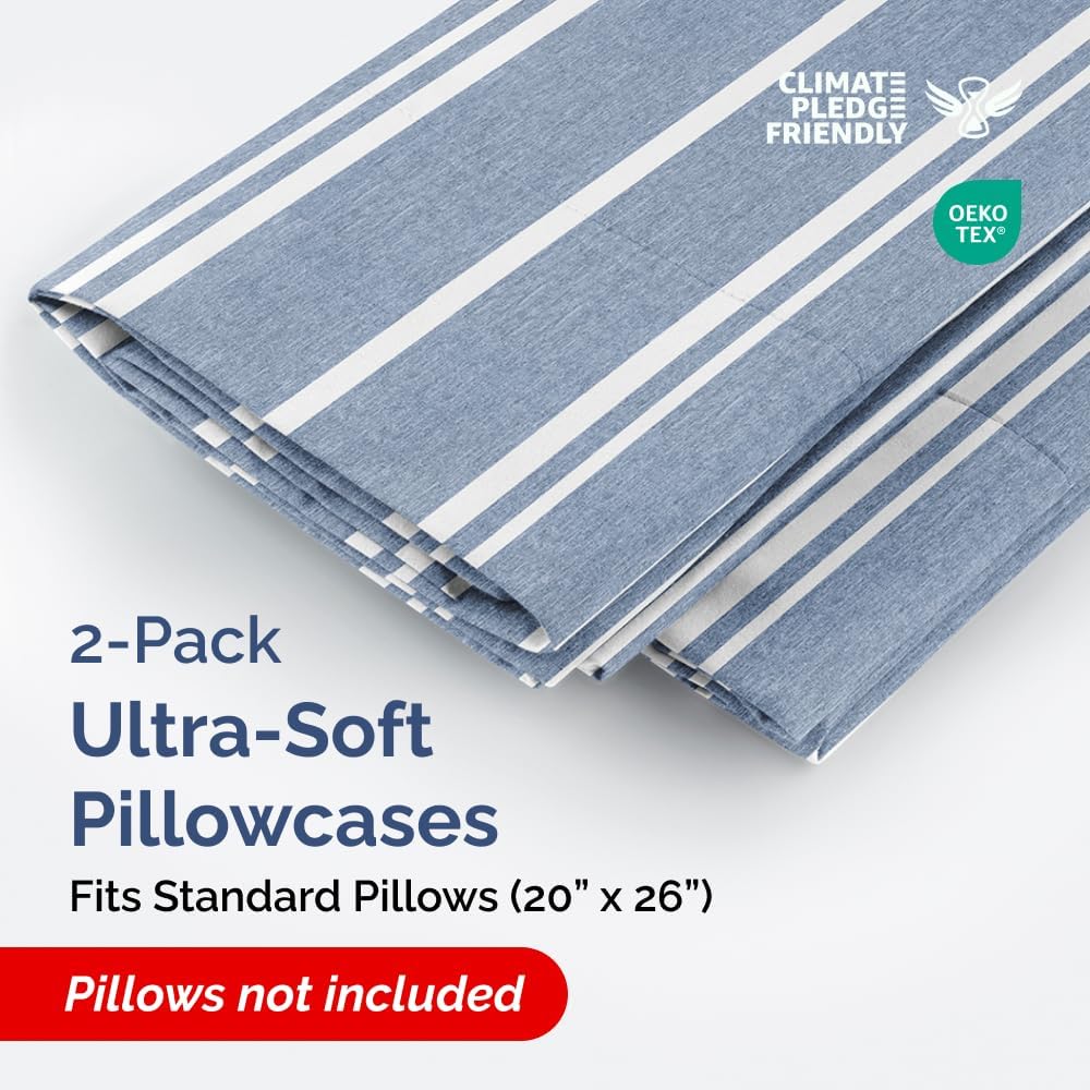 Skiennix Standard Pillow Cases - Ultra-Soft Hotel Quality Covers | Comfy, Wrinkle-Free, Stain Resistant - 2 Piece Set in Blue Stripes