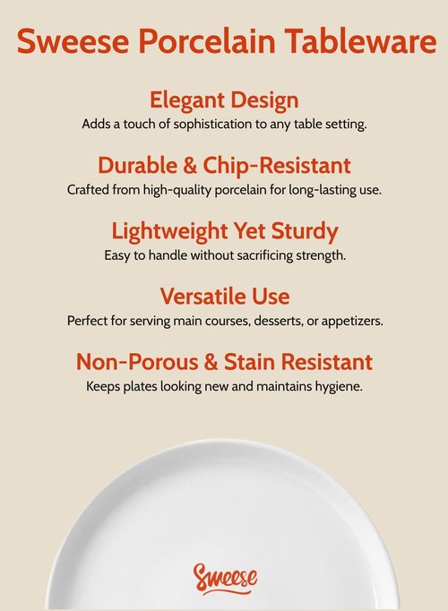 Sweese 10 Inch Porcelain Dinner Plates, White, Set of 6 - Microwave, Oven, Dishwasher Safe, Scratch-Resistant