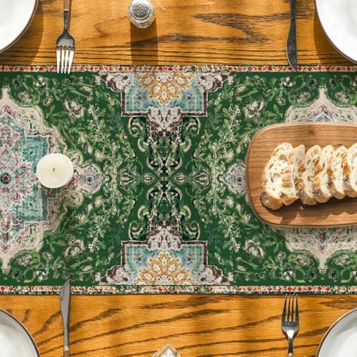 Green Boho Table Runner 13x72 Inch - Rustic Farmhouse Holiday Decor