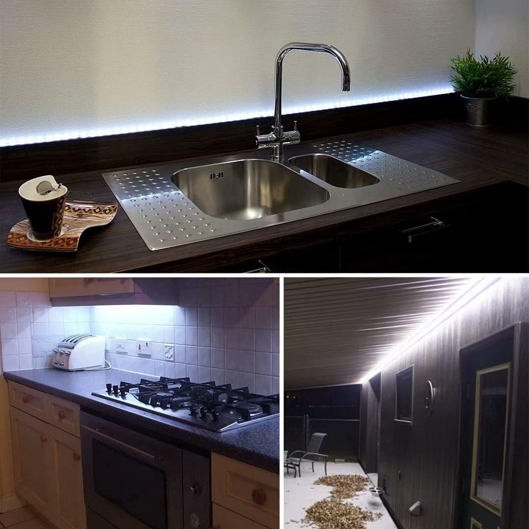 GUOTONG White LED Strip Lights, Waterproof cuttable 300 SMD 2835 LED Tape, 6000K 12V 16.4ft/5m Flexible Ribbon, Kitchen Cabinet Lighting, Outdoor/Indoor (No Power Supply)