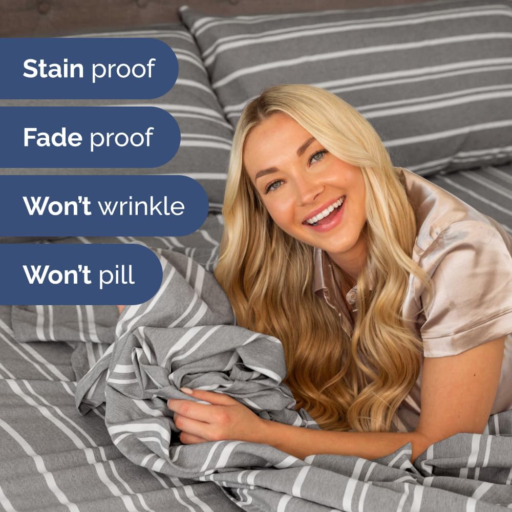 Skiennix Full XL Bed Sheet Set - Soft, Breathable & Cooling 4-Piece Luxury Bedding - Grey Stripes