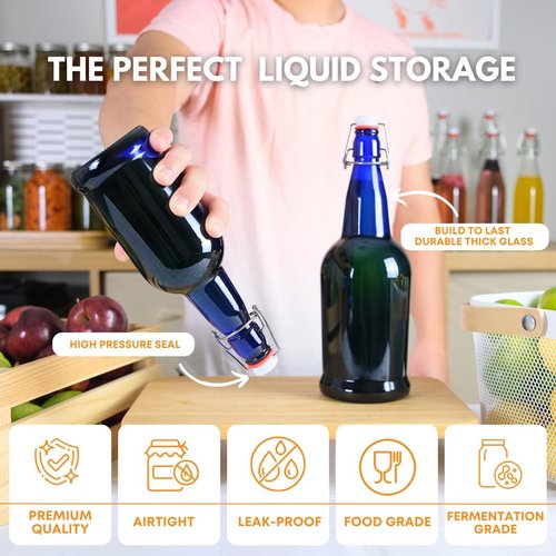 FastRack Swing Top Glass Bottles |33 oz – Pack of 12 | Blue Flip Top Glass Bottles for Home Brewing, Carbonated Drinks, Kombucha, Fermentation, Water | Food Grade – ECO Friendly