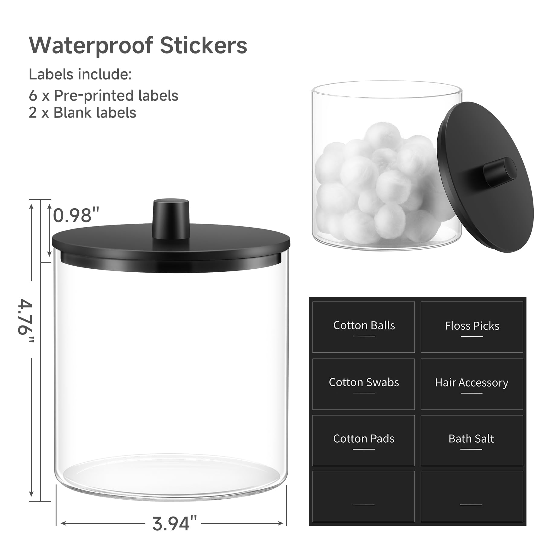TIPGO Glass Qtip Holder Dispenser - 24 oz Clear Canister Jar, Bathroom Vanity Storage Organizer for Cotton Swabs, Pads, Floss Picks, Small Containers for Makeup Storage (Black)