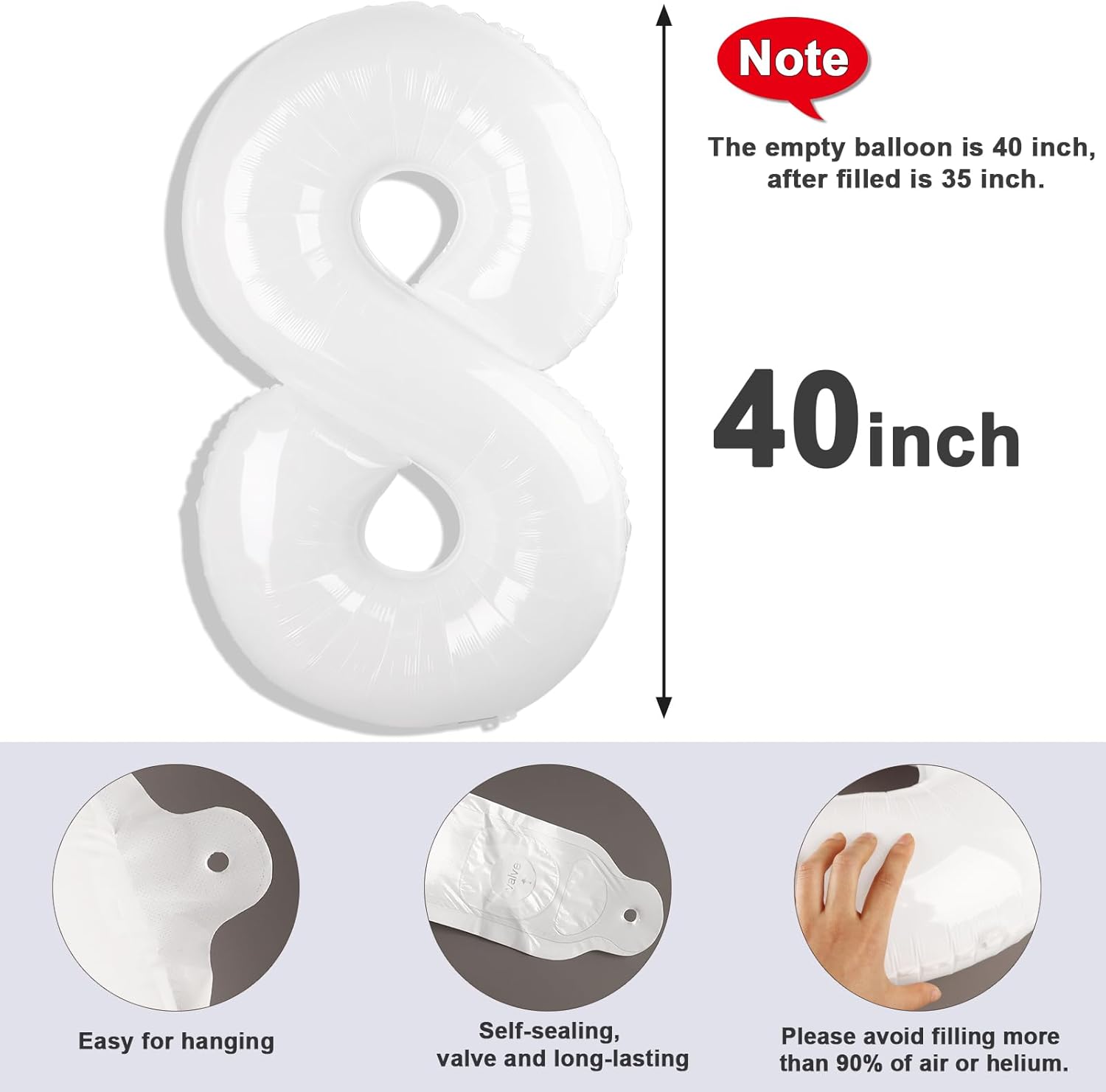 40 Inch White Number 8 Balloon | Perfect for 8th Birthday Parties, Weddings & Graduations