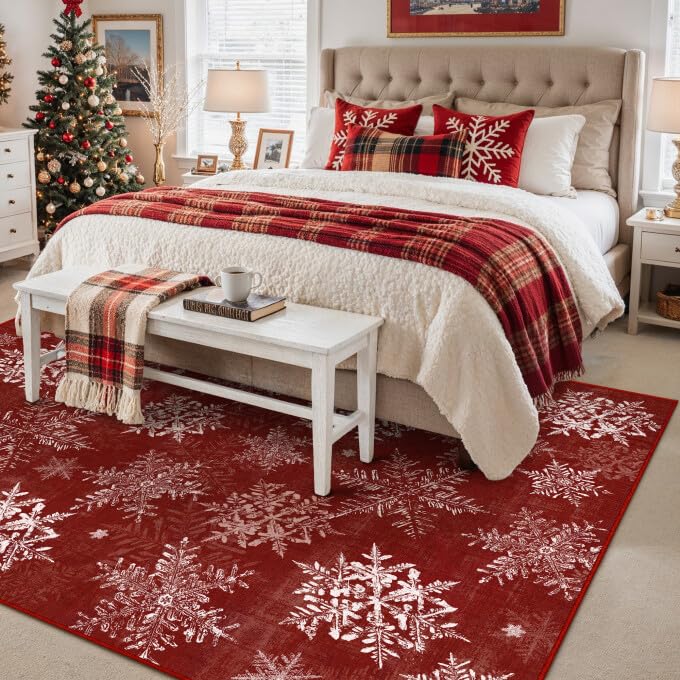 Christmas Area Rug 5x7 Red Snowflakes Non-Slip Festive Carpet for Living Room