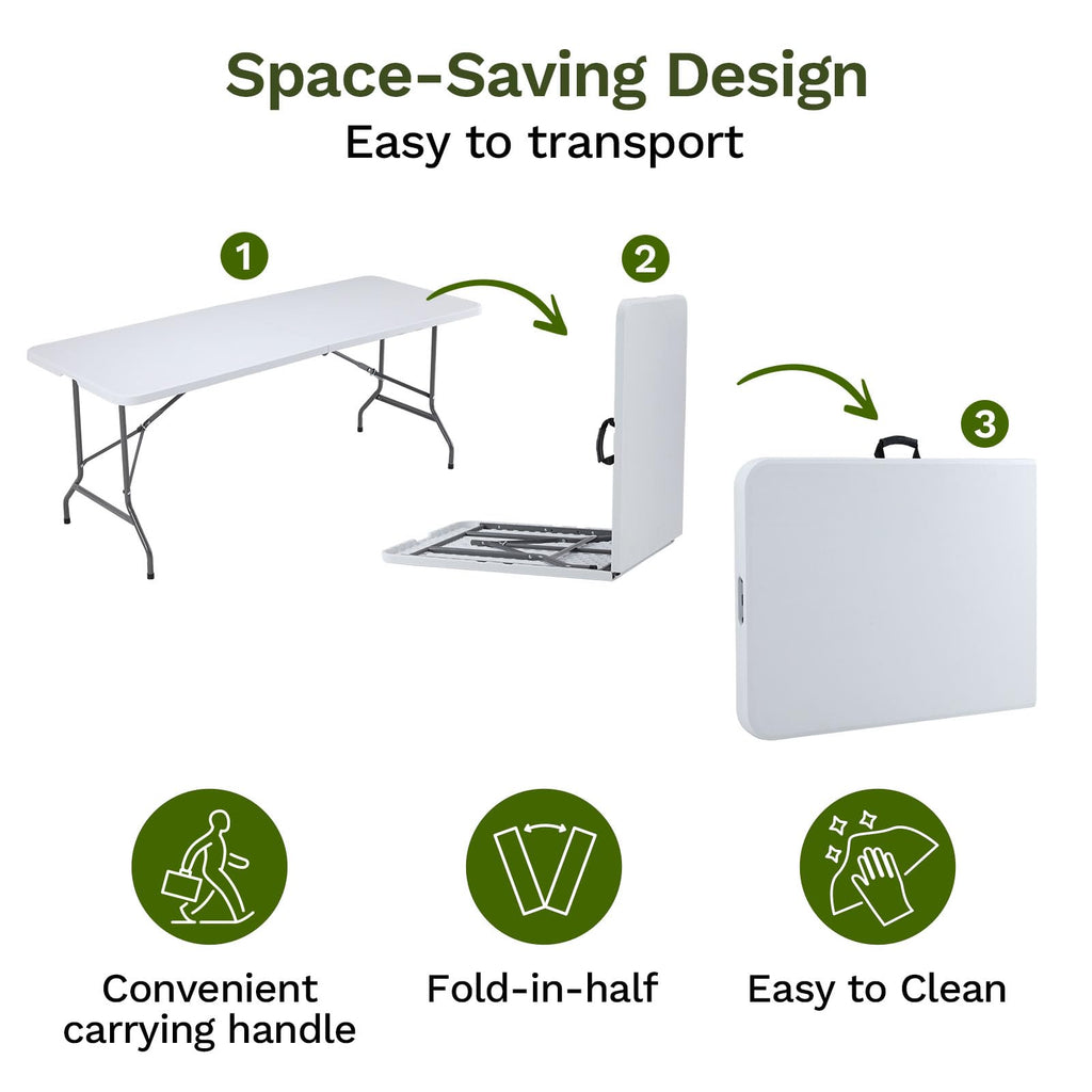 Simple Deluxe Foldable Table - Heavy Duty Portable Plastic Top & Steel Legs, Built-in Handle for Indoor Outdoor Party, Camping, White 4 FT, Standard