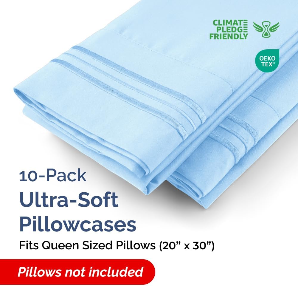 Skiennix Queen Pillow Cases Set of 10 | Ultra Soft Hotel Quality & Wrinkle-Free - Light Blue