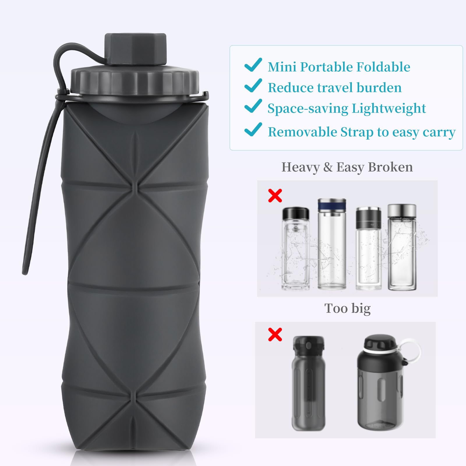 YCTMALL Silicone Collapsible Water Bottles,Lightweight Reusable Leakproof For Traveling Camping Hiking Cycling Sports Outdoor,Foldable Portable Travel Water Bottle 600ML Dark Grey And Purple 2Pack.