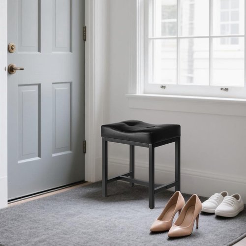 FLYZC Saddle Seat Vanity Stool, Makeup Stool Chair with Metal Leg, U-Shaped Faux Leather Ottoman Foot Rest, Small Square Chairs Under Desk for Vanity, Living Room, Bedroom, Modern Makeup Bench Black