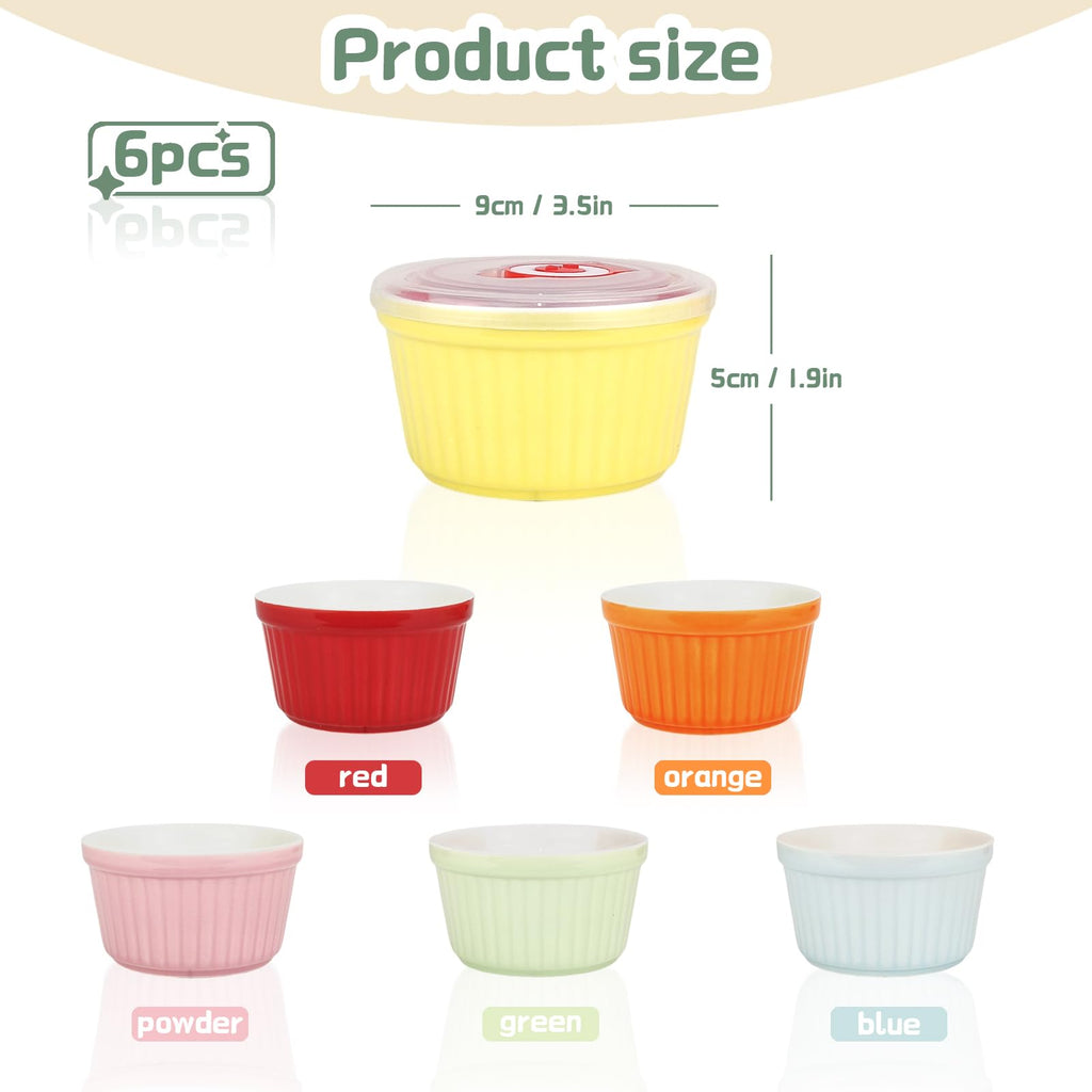 Ramekins with Lids 8 Oz - Set of 6, Ceramic Souffle Creme Brulee Ramekins with Covers, Colorful Custard Cups for Baking, Ceramic Custard Cups Safe and Dishwash Safe