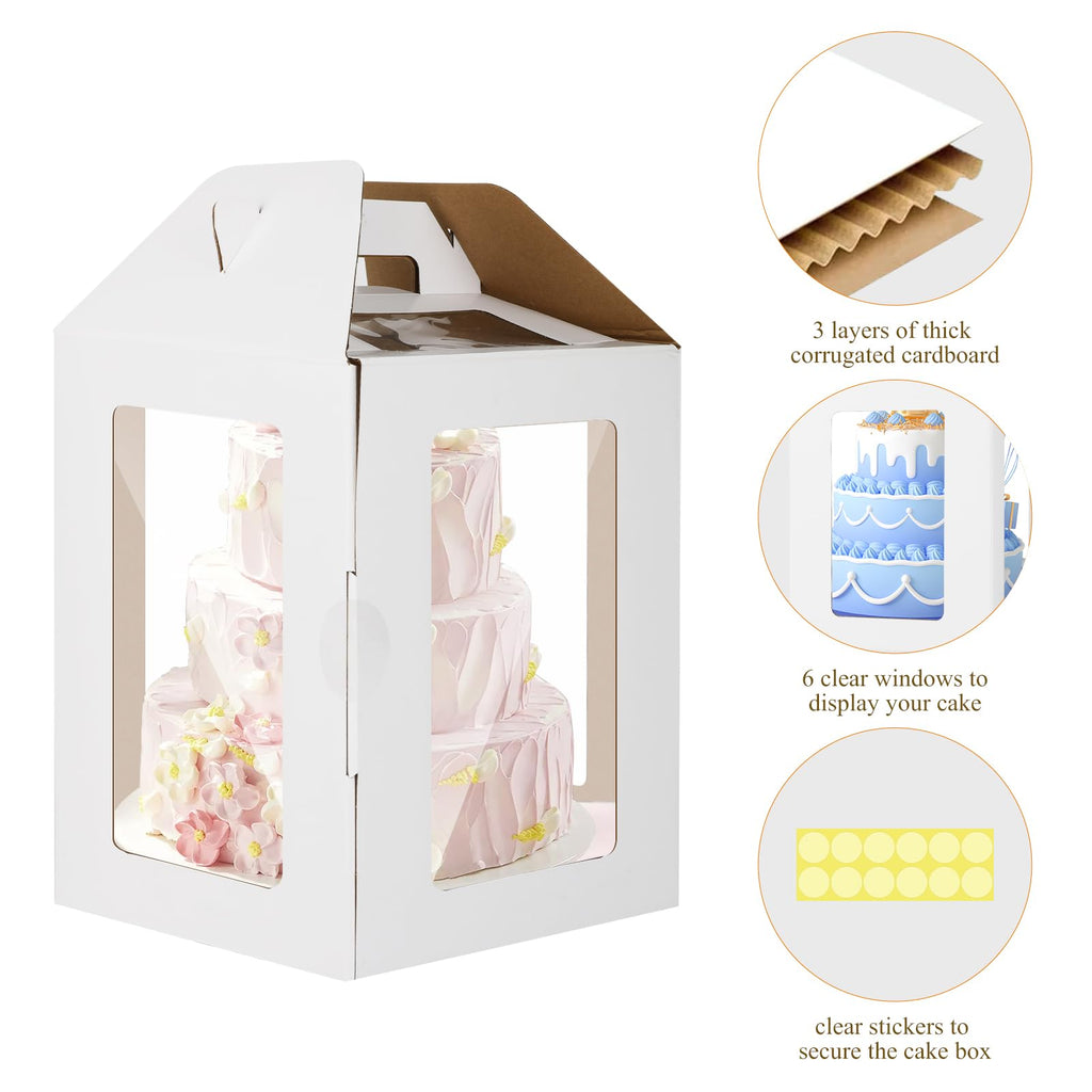 2 Pack Tall Cake Boxes for Tier Cakes with Cake Boards, 12x12x14 Inch 2 Tier Cake Box Tall Cake Carrier Large Tiered Cake Box with Handle for Valentine's Day, Mother's Day, Wedding, Birthday Party