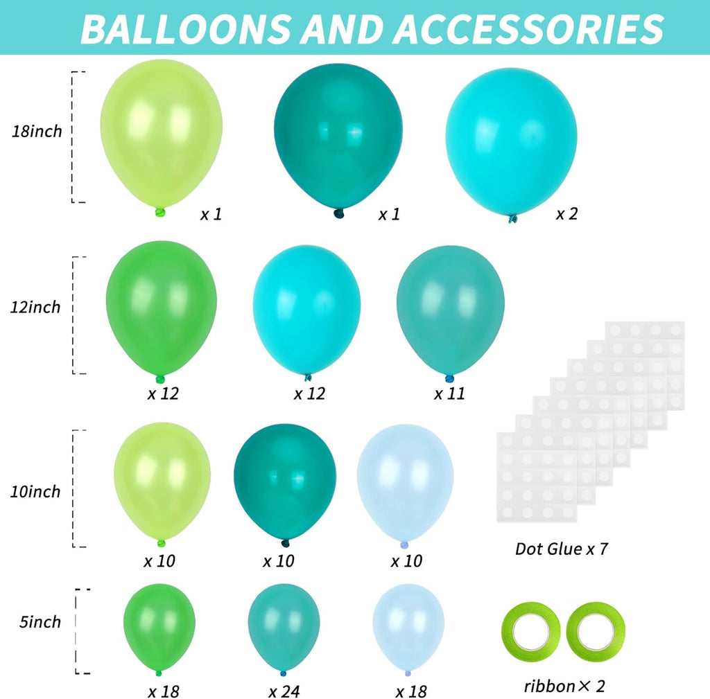 RUBFAC Blue & Green Balloons - 129pcs in 5-18 Inch Sizes for Garland & Arch | Perfect for Parties & Events