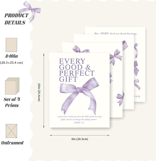 LARTSFRO Coquette Purple Bow Wall Art Decor - Inspirational Bible Verses | Set of 4 Unframed 10x8 Inch Prints for Teen Girls' Rooms