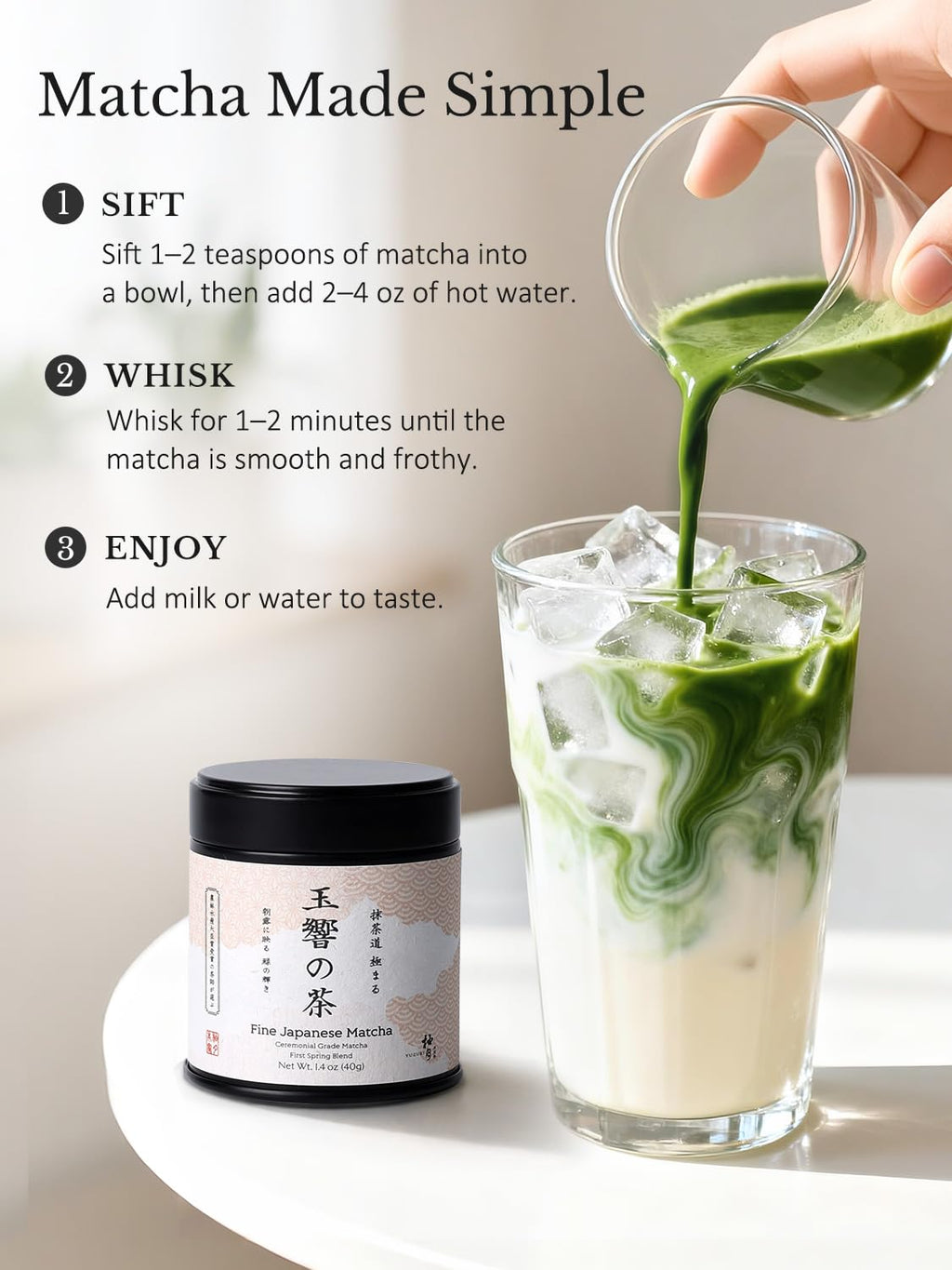 YUZUKI Matcha Powder - Japanese Ceremonial Grade Green Tea - First Harvest, Zero Sugar, 40g (1.4 oz)