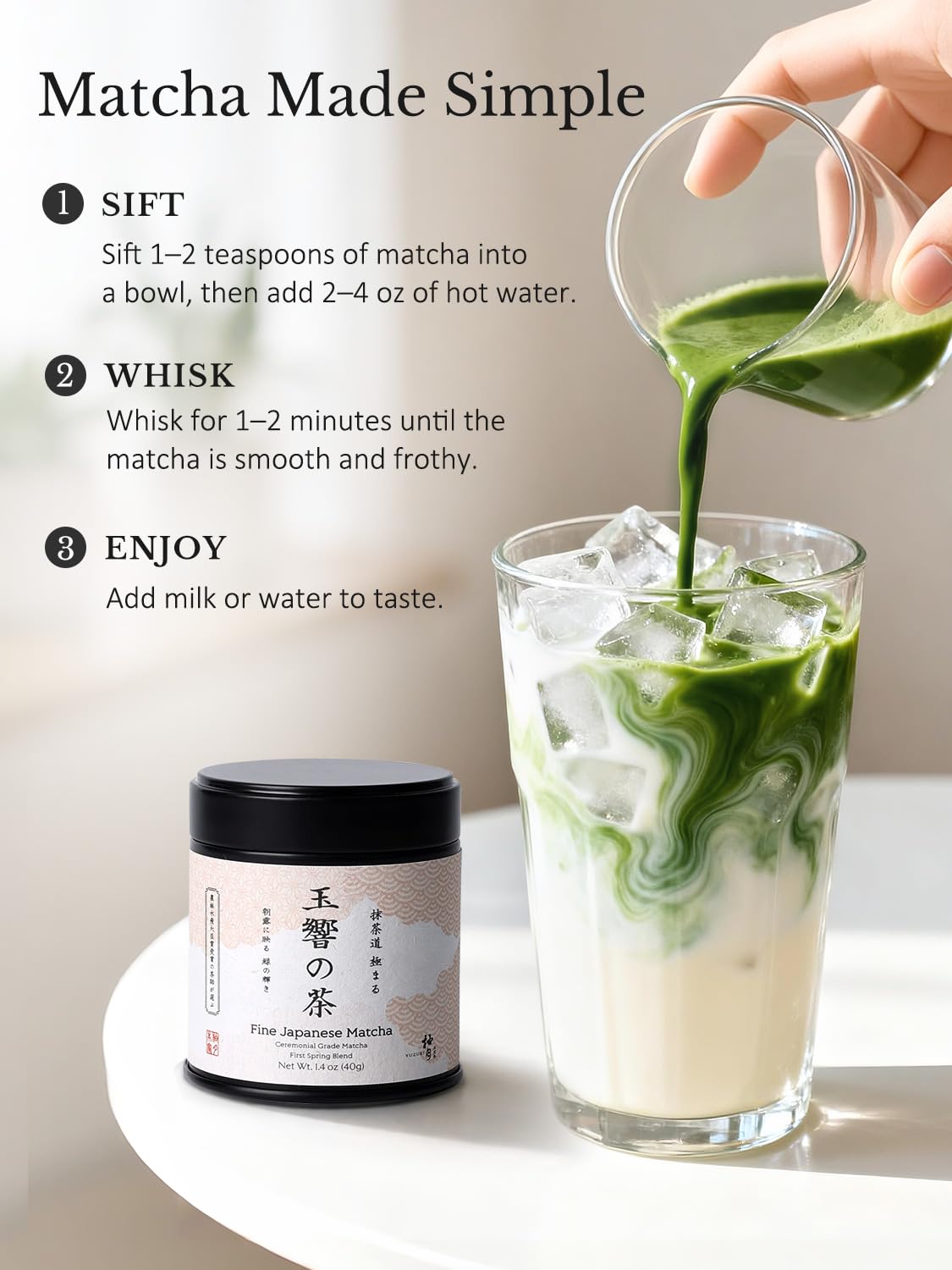 YUZUKI Matcha Powder - Japanese Ceremonial Grade Green Tea - First Harvest, Zero Sugar, 40g (1.4 oz)