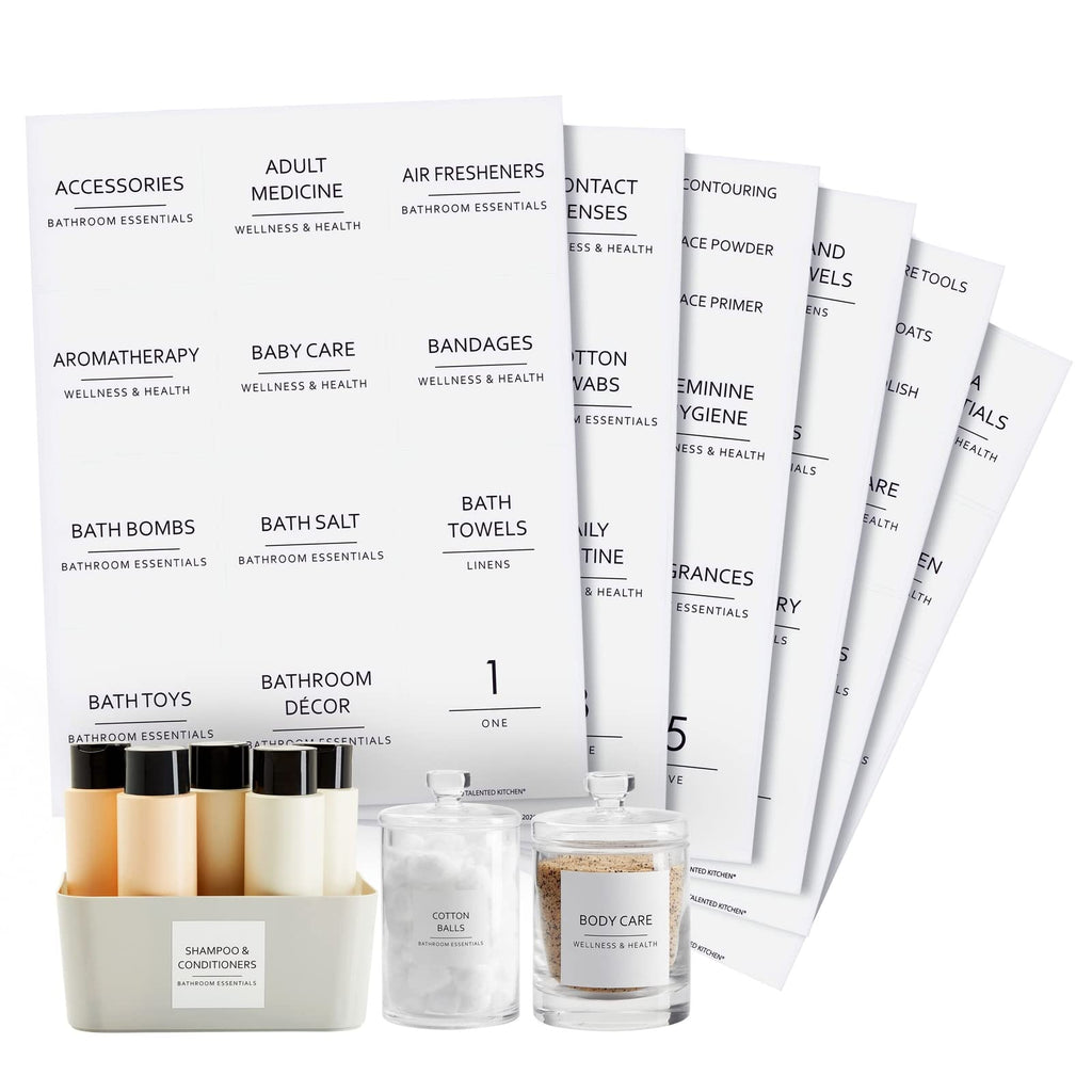 Talented Kitchen Minimalist Bathroom Labels for Organizing - 174 Labels, 2.5" x 2.5" & 2.5" x 0.75", Black on White - Stickers for Jars & Bottles - Water-Resistant for Medicine Cabinet