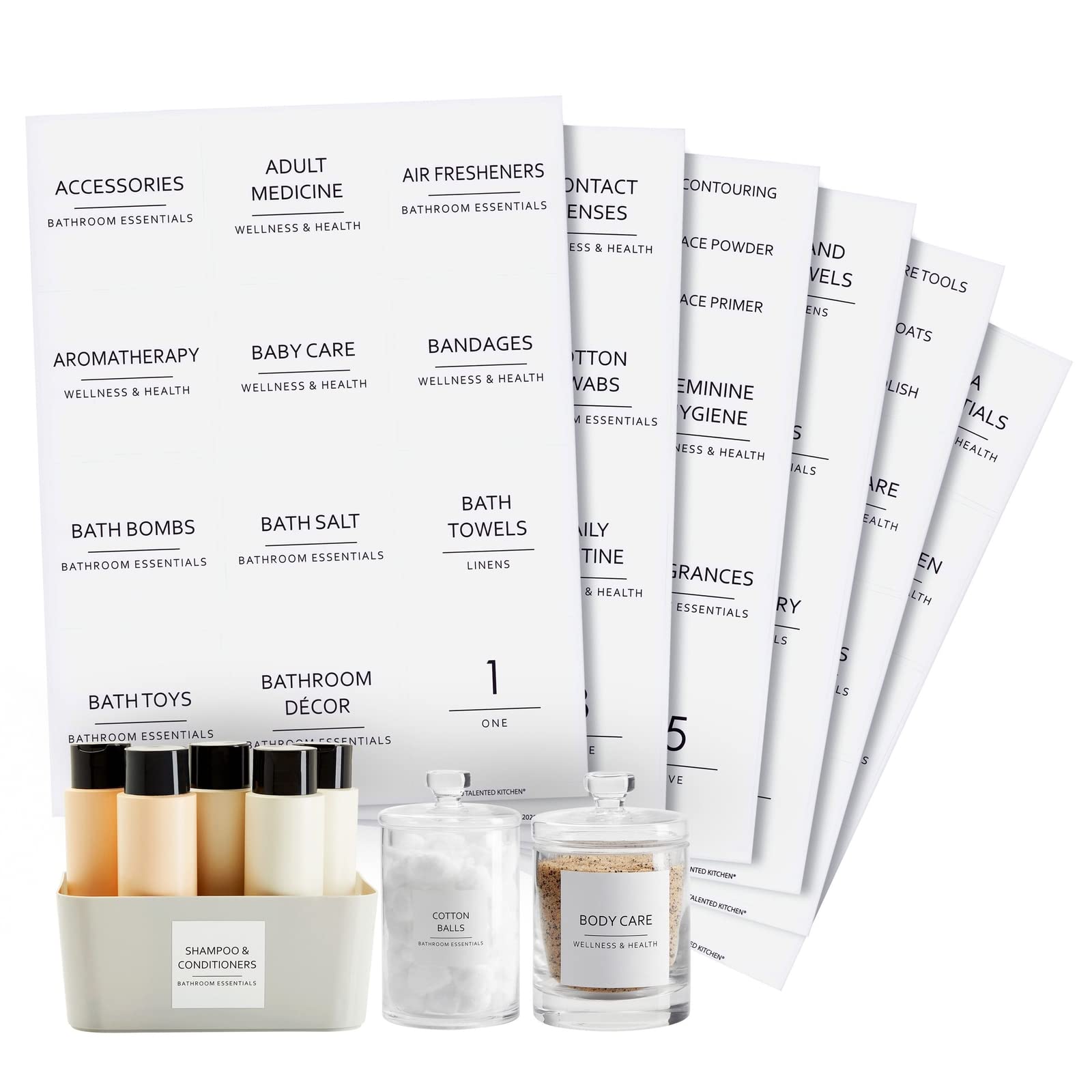 Talented Kitchen Minimalist Bathroom Labels for Organizing - 174 Labels, 2.5" x 2.5" & 2.5" x 0.75", Black on White - Stickers for Jars & Bottles - Water-Resistant for Medicine Cabinet