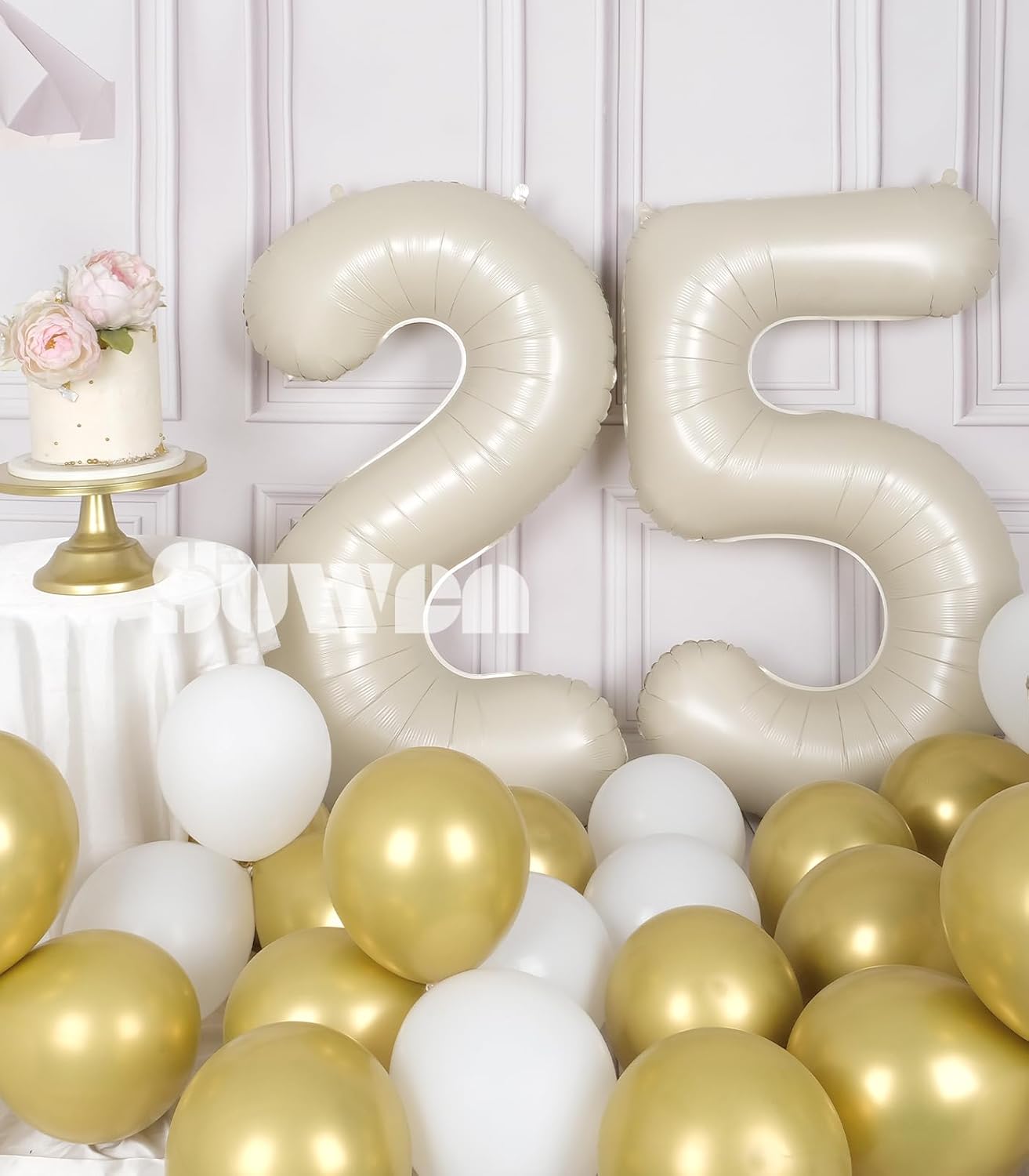 SUWEN Jumbo 25th Birthday Number Balloons - 40 Inch Cream White Foil Helium 0-9 Decorations