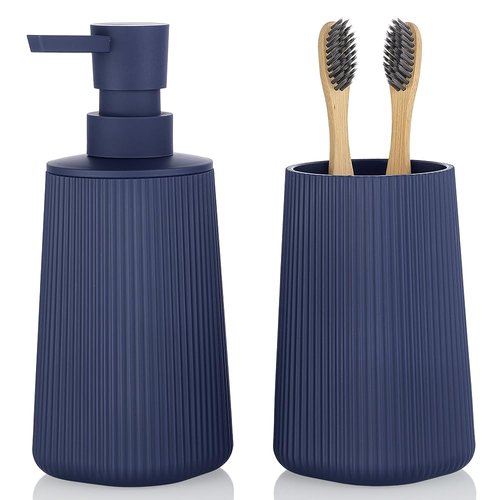 YAUKPH Bathroom Accessories 2 Piece Soap Dispenser and Toothbrush Holder Set Striped Blue