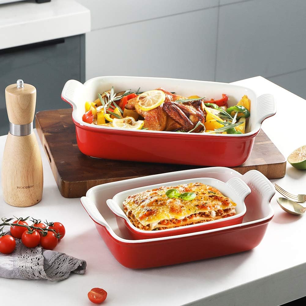 Sweejar Baking Pans Set - Durable Ceramic 9x13 Baking Dish with Handle | 3-Piece Bakeware Set in Red