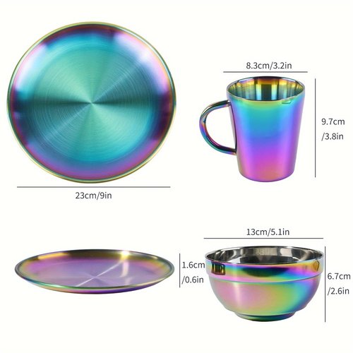 JEPISADI Stainless Steel Dinnerware Set - Plates and Bowls Set With Coffee, Pasta, Kitchen Utensils - KITCHEN AND DINING Essentials- is Dishwasher Safe and Microwave Safe （Rainbow）