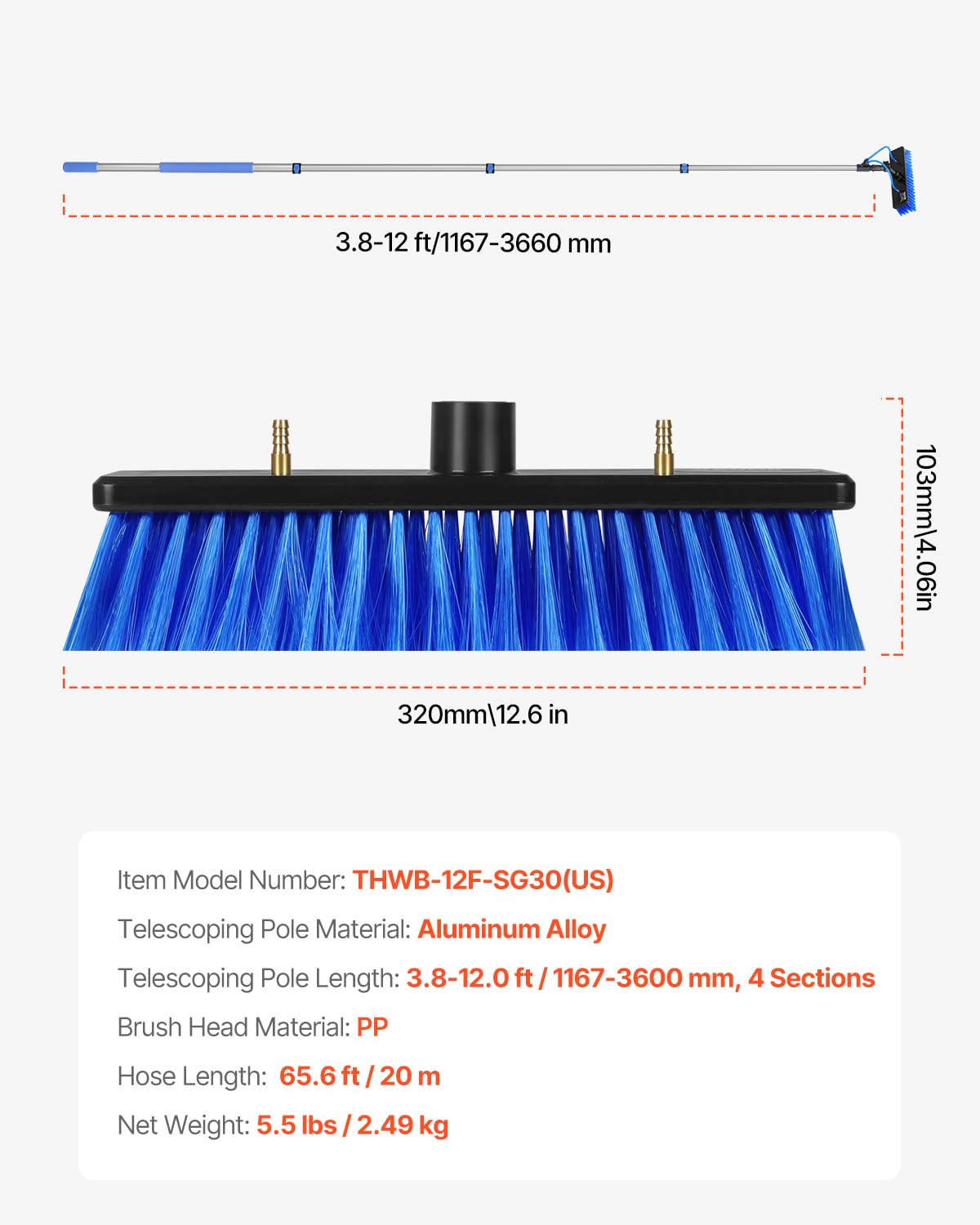 VEVOR Water Fed Pole Kit, 24FT Solar Panel Cleaning Pole with Extendable Handle, 180° Rotatable Brush Head & 65.6FT Hose, Household & Outdoor Window Cleaner Tool for Caravan Solar Panel Deck