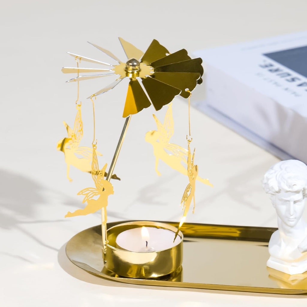 Skiennix Spinning Candle Holder - Gold Fairy Carousel Design | Rotating Metal Tea Light Centerpiece
