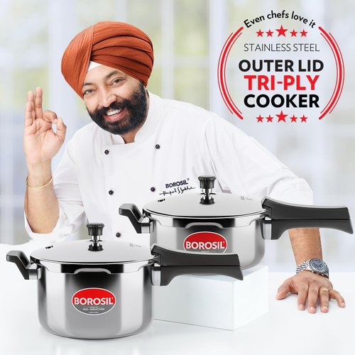 Borosil 5 L Triply Outerlid Presto Cooker | SS304 Food Grade Stainless Steel Pressure Cooker | Gas Stove & Induction Compatible | Dishwasher Safe | 5 Years Warranty