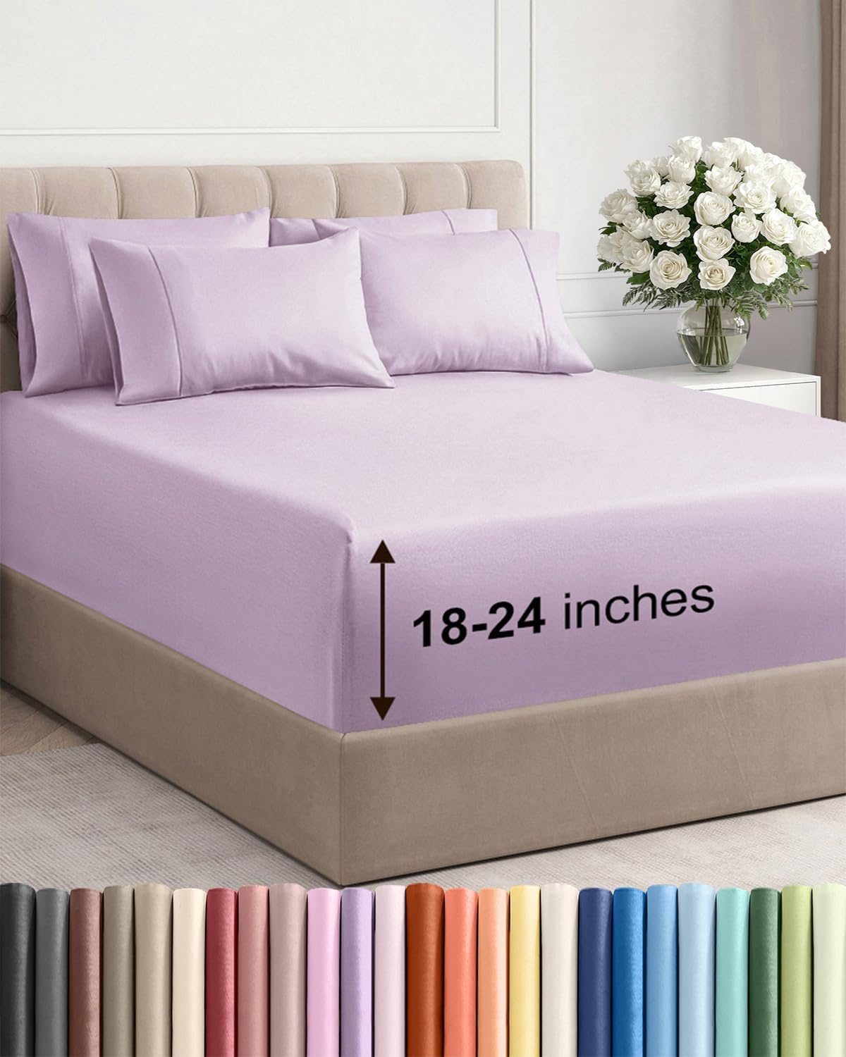 Skiennix Extra Deep King Sheet Set - 6 Piece Breathable Cooling Bedding - Soft Wrinkle-Free Light Lavender