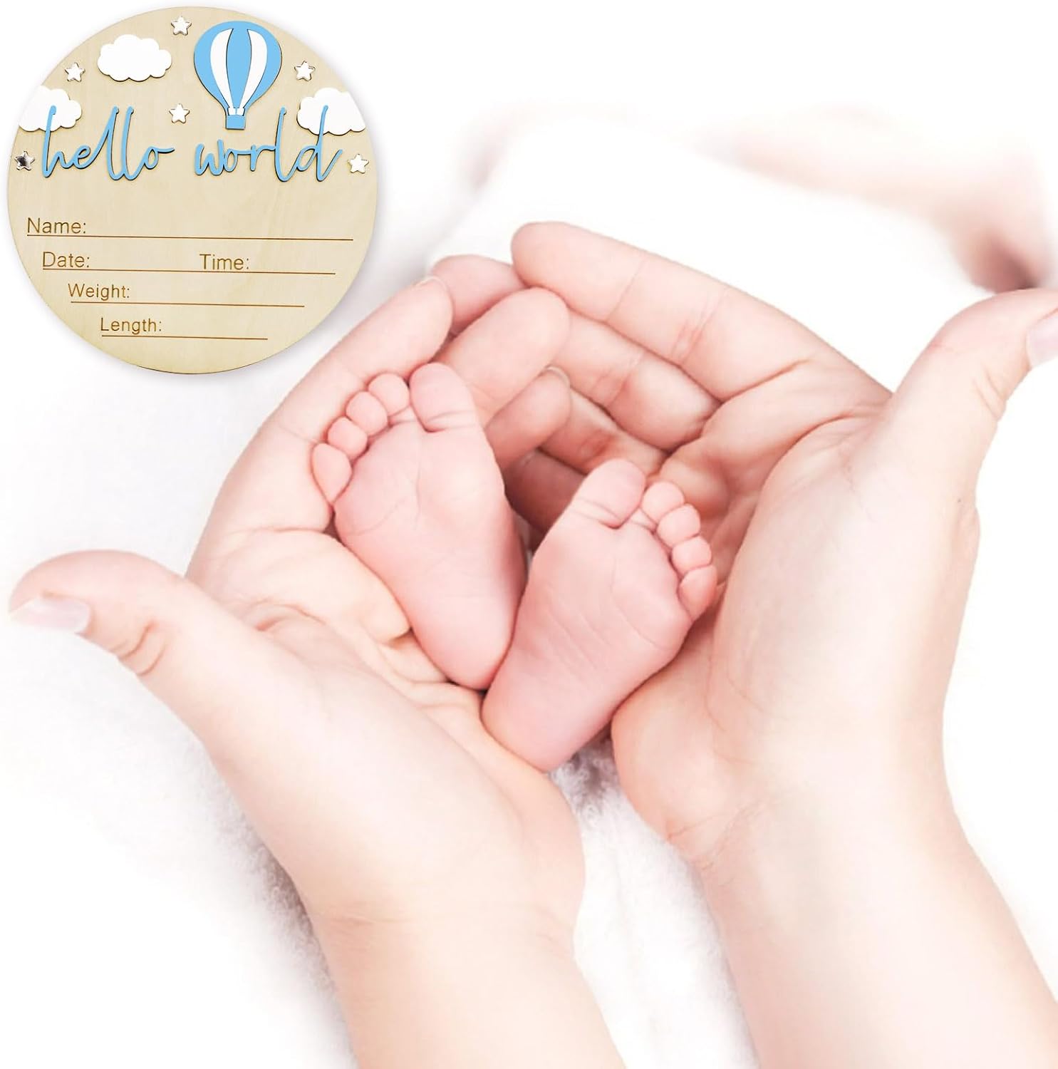 Skiennix Baby Announcement Sign - 5.9 Inch Wooden Hello World Newborn Sign with Pen | Hot Air Balloon & Cloud Design (Blue)