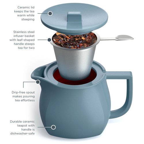 Tea Forte Fiore Ceramic Teapot with Infuser and Lid, Stone Blue, 24 oz. Ceramic Pot for Steeping Loose Leaf Tea, Dishwasher & Microwave Safe