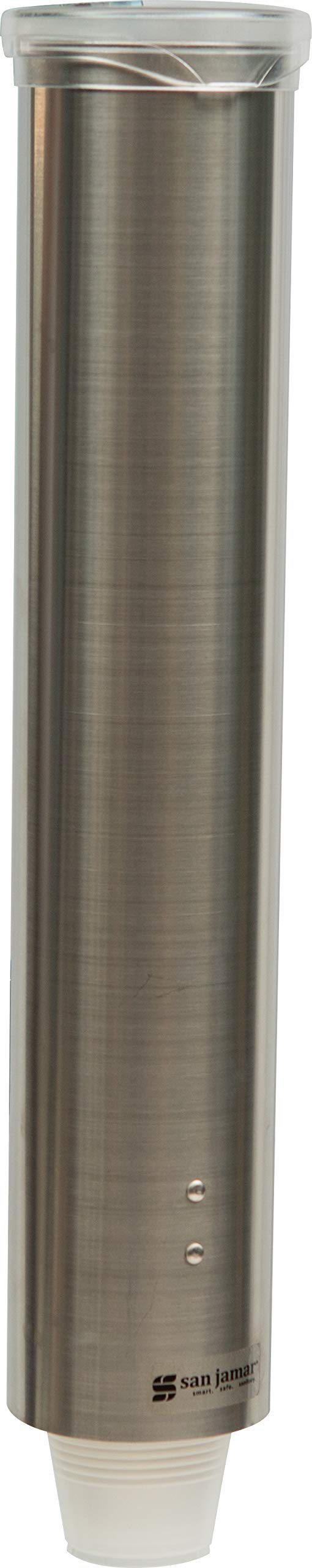 San Jamar Small Pull-Type Cup Dispenser Fits 3-4.5 Oz Cone Cups, 3-5 Oz Flat Cups with Flip Caps for Restaurants, Dining Halls, and Fast Food, Stainless Steel, 16 Inches, Silver