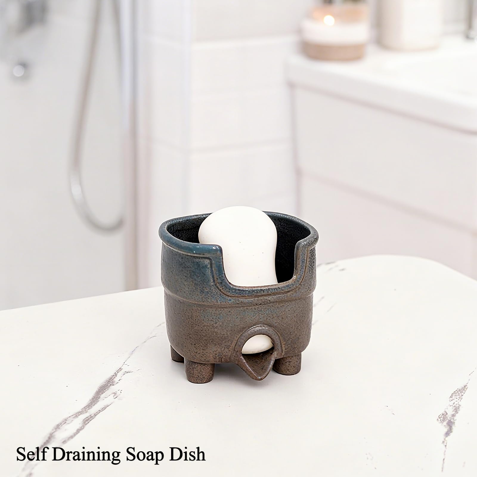 wowhalolo Ceramic Sponge Holder with Drainage, Farmhouse Sink Caddy Organizer, Self Draining Design for Sponges,Soap,Brushes, Compact Rustic Kitchen Accessory, Keeps Counter Dry（Country Blue）