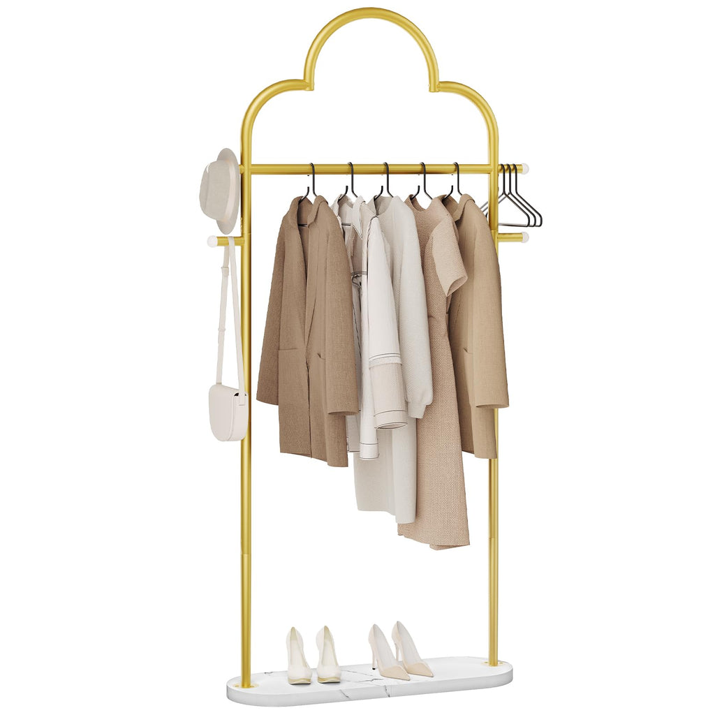 YATINEY Coat Rack Freestanding, Heavy Duty Clothes Rack with 4 Hooks, Metal Coat Hanger Stand with Stable Base, Gold Clothing Rack for Entryway, Bedroom, Office, Gold and Marble White YM04DM