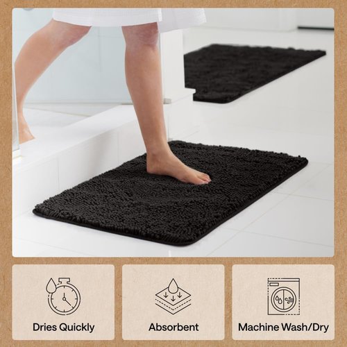 GORILLA GRIP Bath Rug Mat - Thick Soft Absorbent Chenille | Quick Dry Microfiber, 60x17, Black
