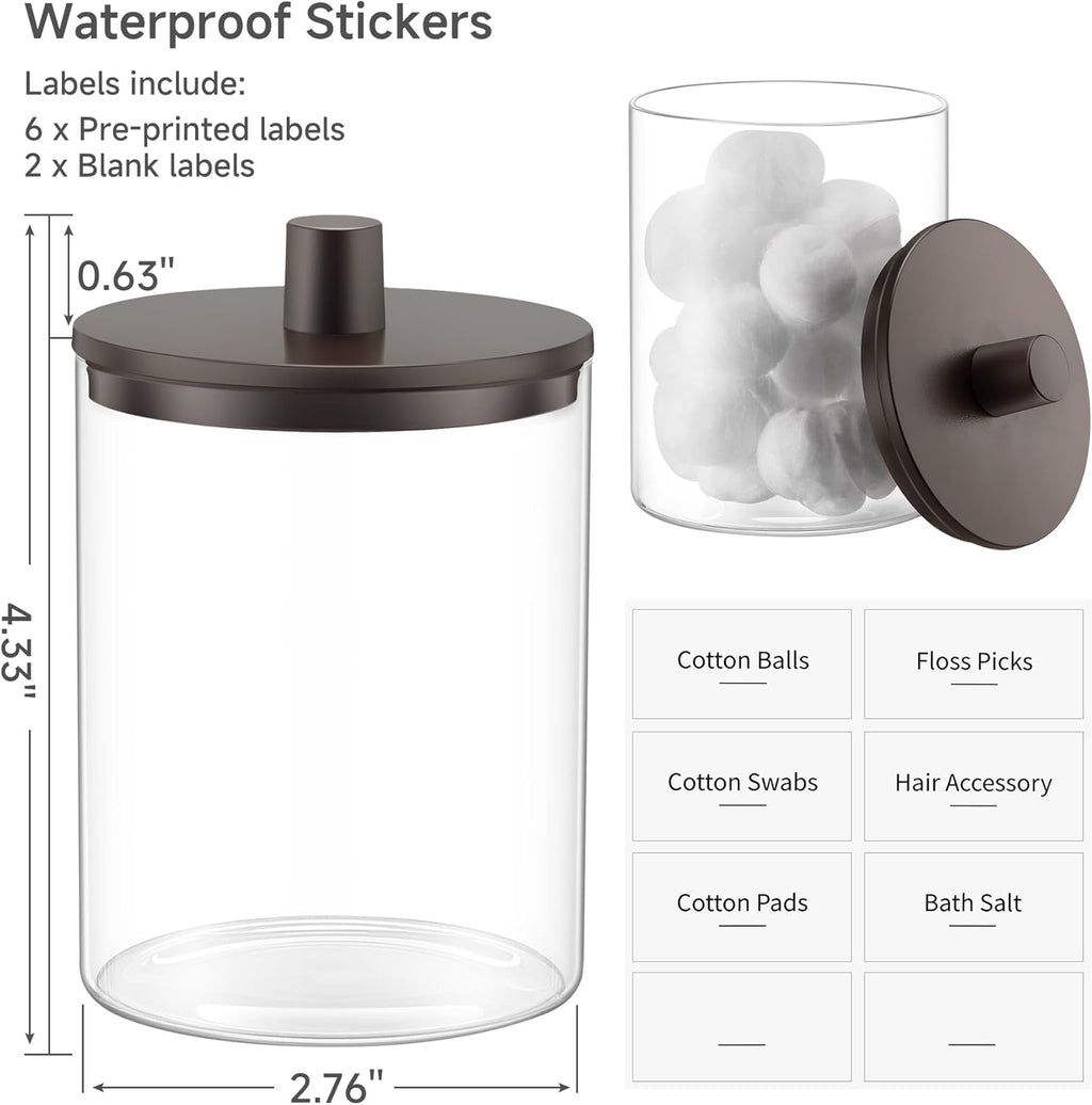 TIPGO Glass Qtip Holder Dispenser - 10 oz Clear Apothecary Jar for Cotton Swabs & Makeup Storage (2 Pack, Brown)