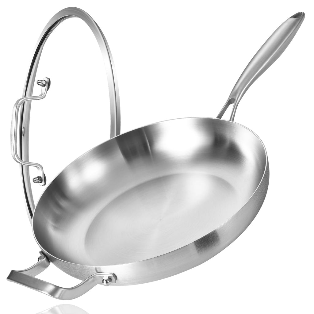 LOLYKITCH 14 Inch Tri-ply Stainless Steel Frying Pan with Lid and Helper Handle,Large Skillet,Induction Chef's Cooking Pan,Oven Safe and Detachable Handle