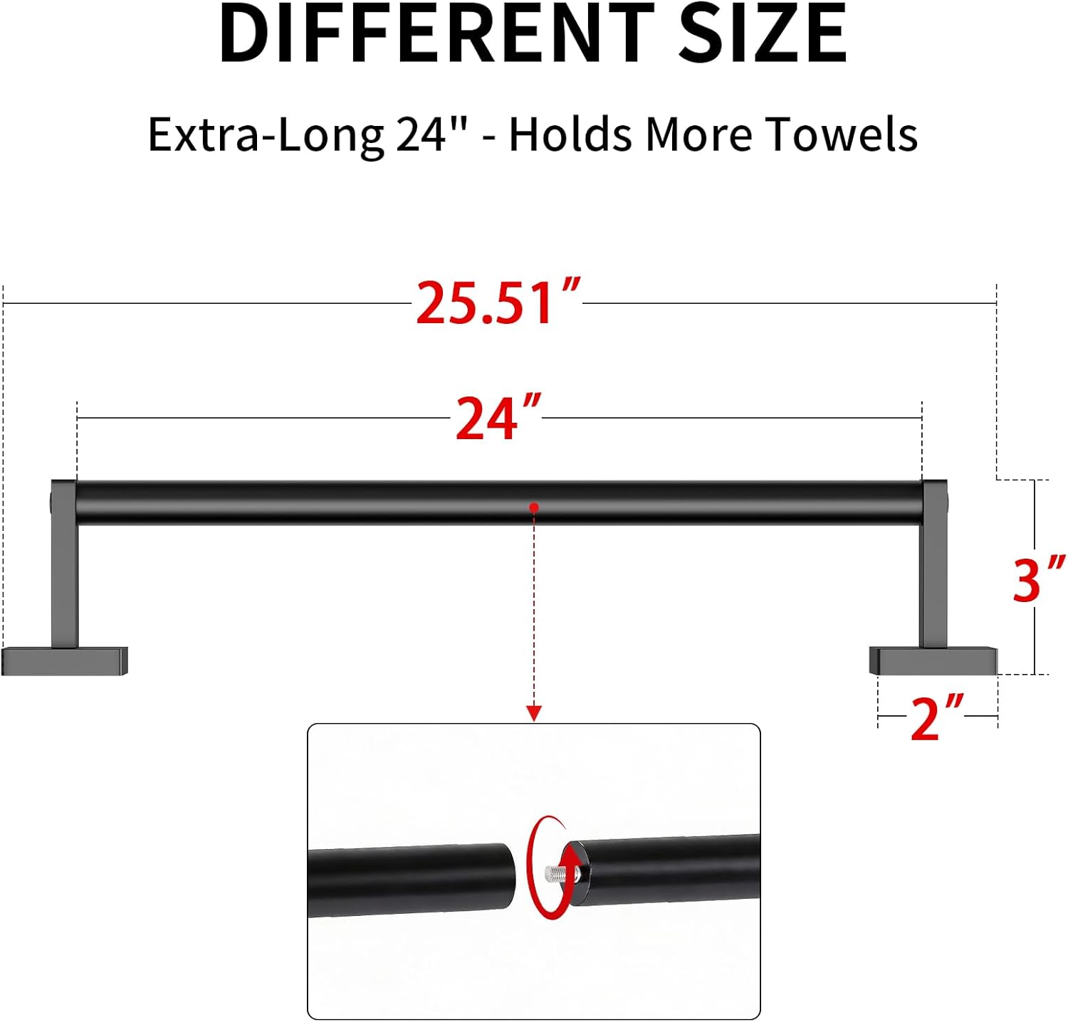 MKO Towel Bar - 24" Hand Towel Holder Rod | Durable Black Metal Wall-Mounted Rack - 2 Pack