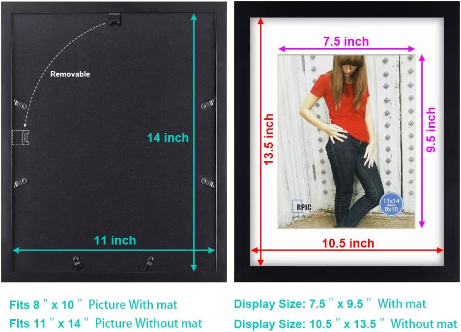 RPJC 11x14 Picture Frame - Solid Wood with High Definition Glass | Displays 8x10 with Mat or 11x14 Without Mat in Black